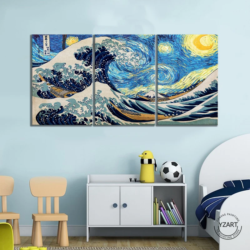 

Японский укийоу великая волна от Kanagawa & Star изображения реки Холст Живопись стены Искусство для домашнего декора, без рамки
