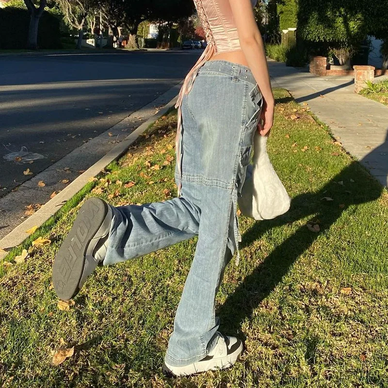 

Y2K Blue Jeans Retro Sashes Denim Pants Ruched Drawstring Cargo Pants Women Big Pockets Trousers Women Streetwear Jean
