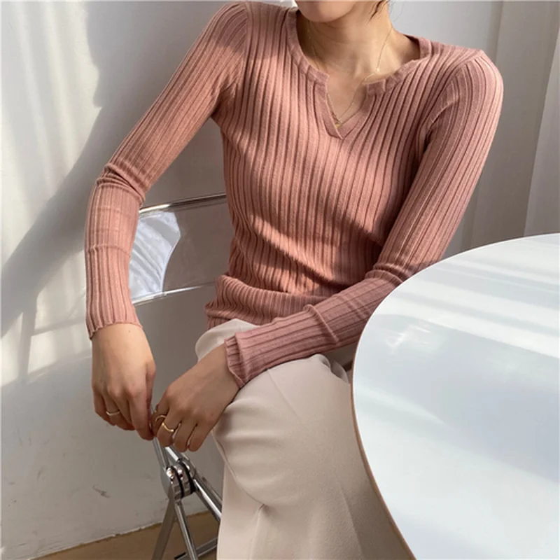 Женский облегающий вязаный свитер с V-образным вырезом пуловер длинным рукавом