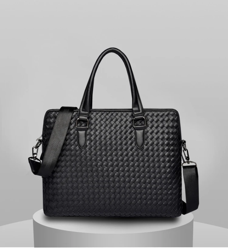 Men's Luxury Brand Business Briefcase Large Capacity Authentic Leather Woven Classic Shoulder Handbag 14-Inch Notebook