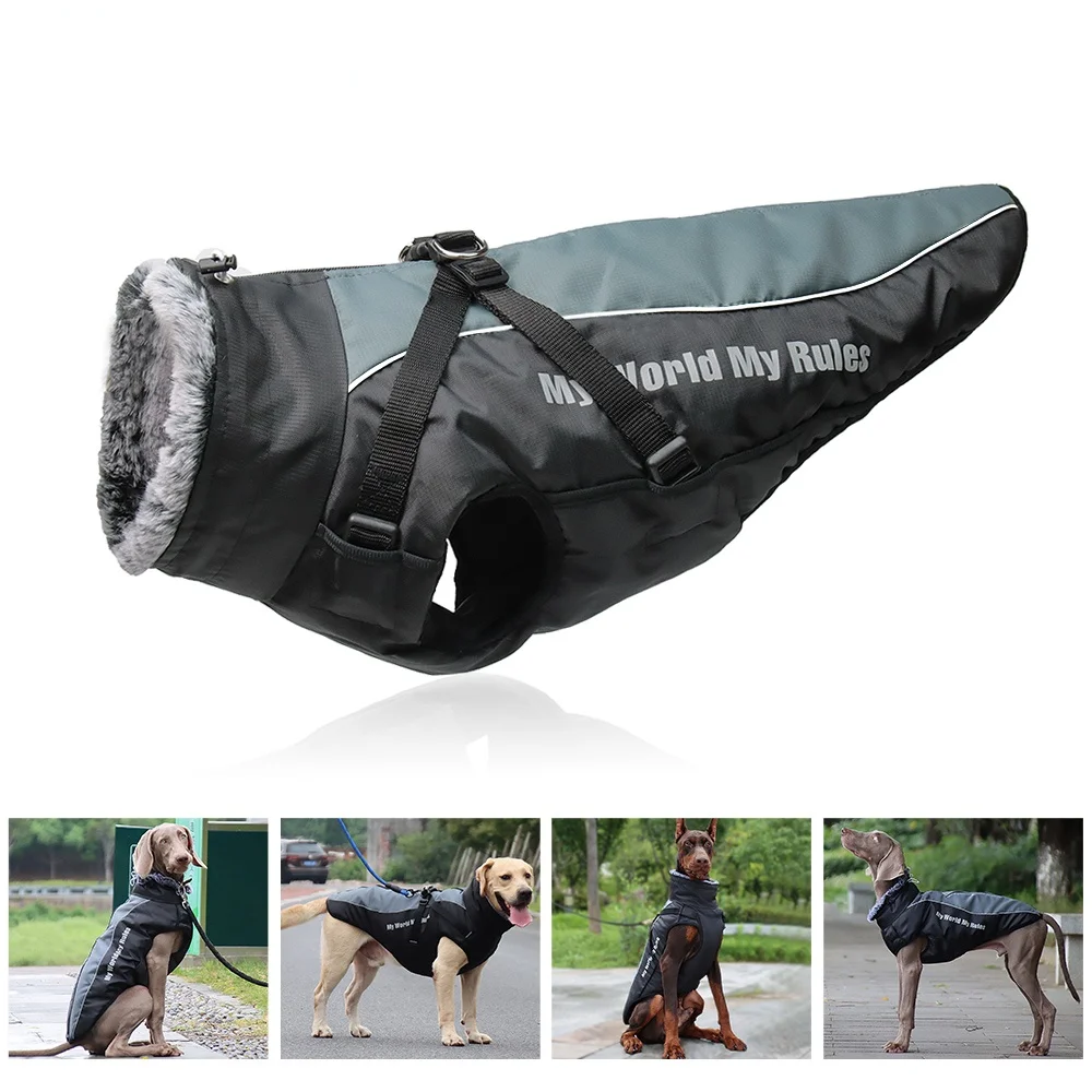 

Large Pet Dog Jacket With Harness Winter Warm Dog Clothes For Labrador Waterproof Big Dog Coat Chihuahua French Bulldog Outfits