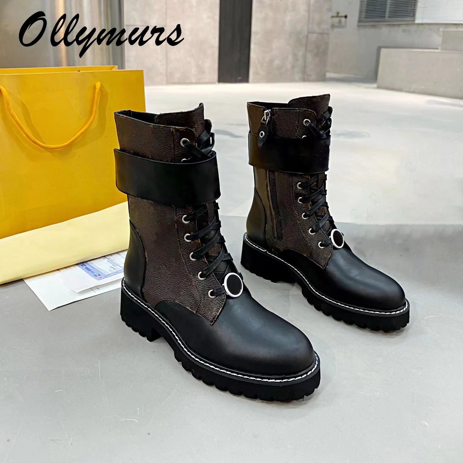

Ollymurs New Genuine Leather Printed Lace Up Brand Designer Ankle Boots Ankle Heel Boots Female Women Shoes