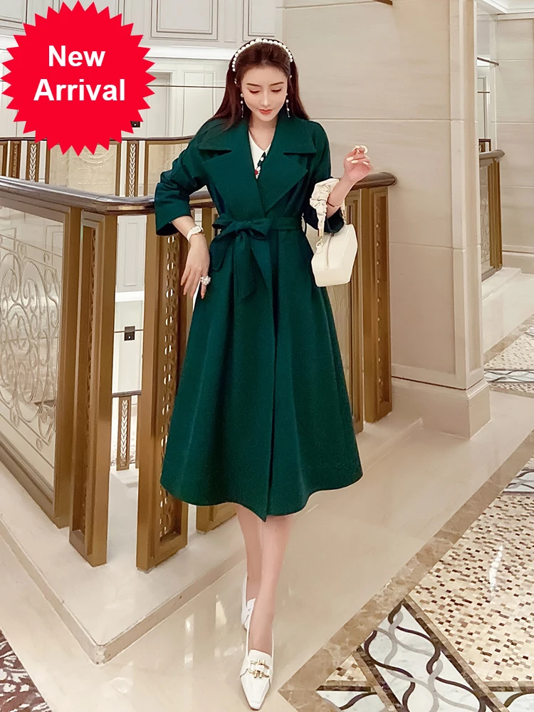 

Темно-зеленая ветровка, новинка 2020, женское Свободное пальто средней длины, универсальное, приталенное, в Корейском стиле