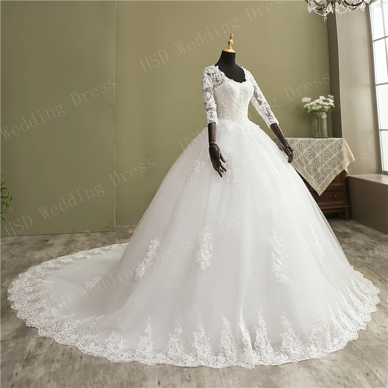 Gorgeous Ball Gown Lace Beading Vestido De Novia Princes Plus size Vintage Wedding Dresses Three Quarter Real Image Bridal | Свадьбы и