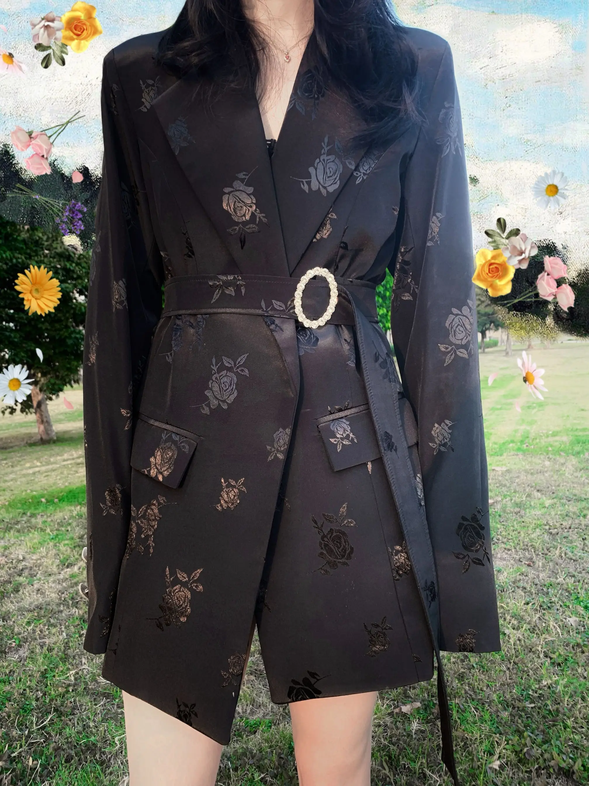 

2020 Autumn Goth Designer Luxury Vintage Satin Rose Dark Pattern Bodycon with Shoulder Pad Suit Jacket Dark Blazer with Belt