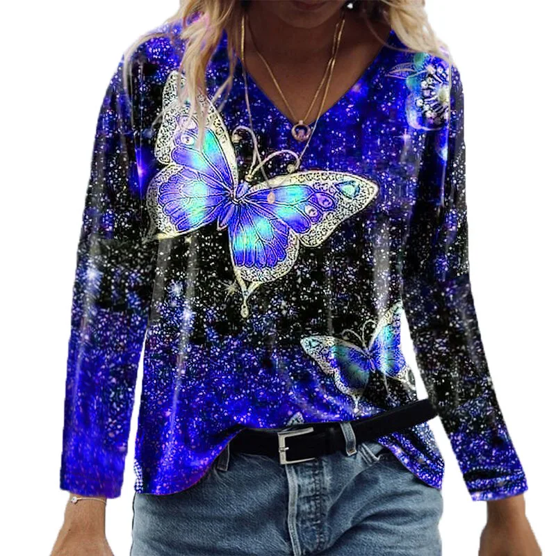 

Retro V-neck Butterfly Print Loose Long Sleeve Women's Autumn Casual Round Long Sleeve T-Shirt Retro Streetwear Chic T-Shirt