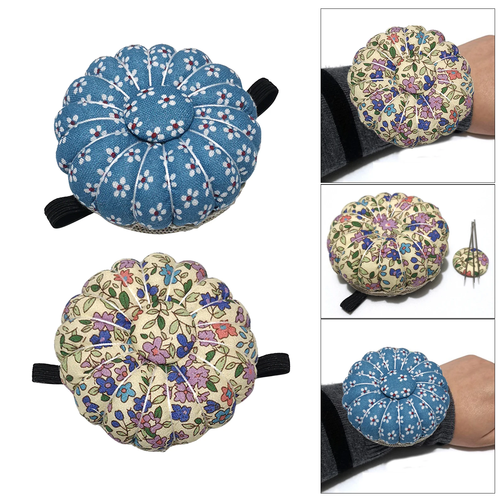 

Pin Cushion, Wrist Pins Cushions Pumpkin Shape with Flower Print, Needle Pincushions Wearable Needle Holder with Elastic Band