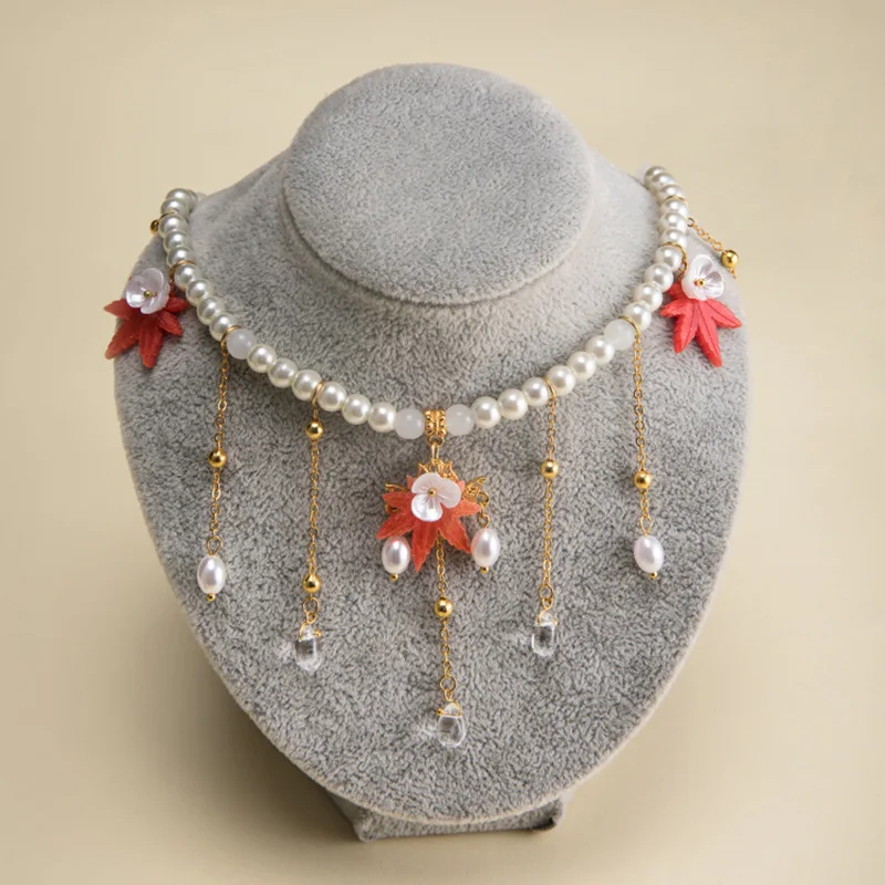 

Hanfu Maple Leaf Retro Pearl Flower Classical Necklace Women Man Gift