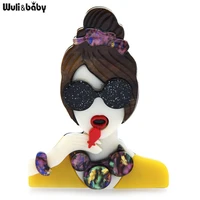 wulibaby acrylic brooches elegant girl wearing luxury jewelry and sunglasses 2021 new fashion jewelry gift brooch pins