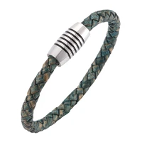 vintage men jewelry green braided leather rope bracelet handmade stainless steel magnet clasp fashion leather bangle gift sp0245