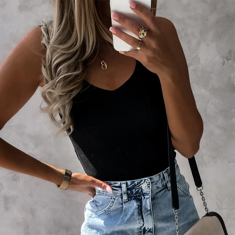 

Summer Sexy Ribbed Knitted V Neck Blouses Shirts Women Elegant Solid Slim Vest Top Casual Sleeveless High Street Blusa Plus Size
