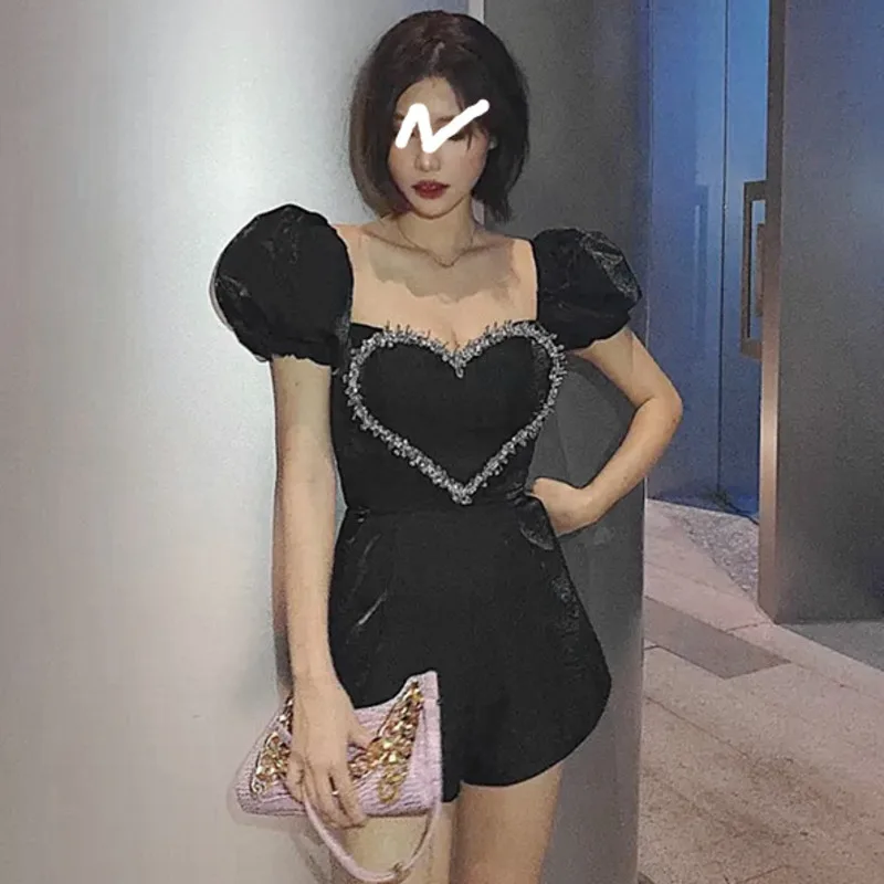 

DEAT 2021 New Square Neck Short Puff Sleeve Slim Fit Fashion Tide Women Black Patchwork Chiffon Beaded High Waist Jumpsuit 7E770