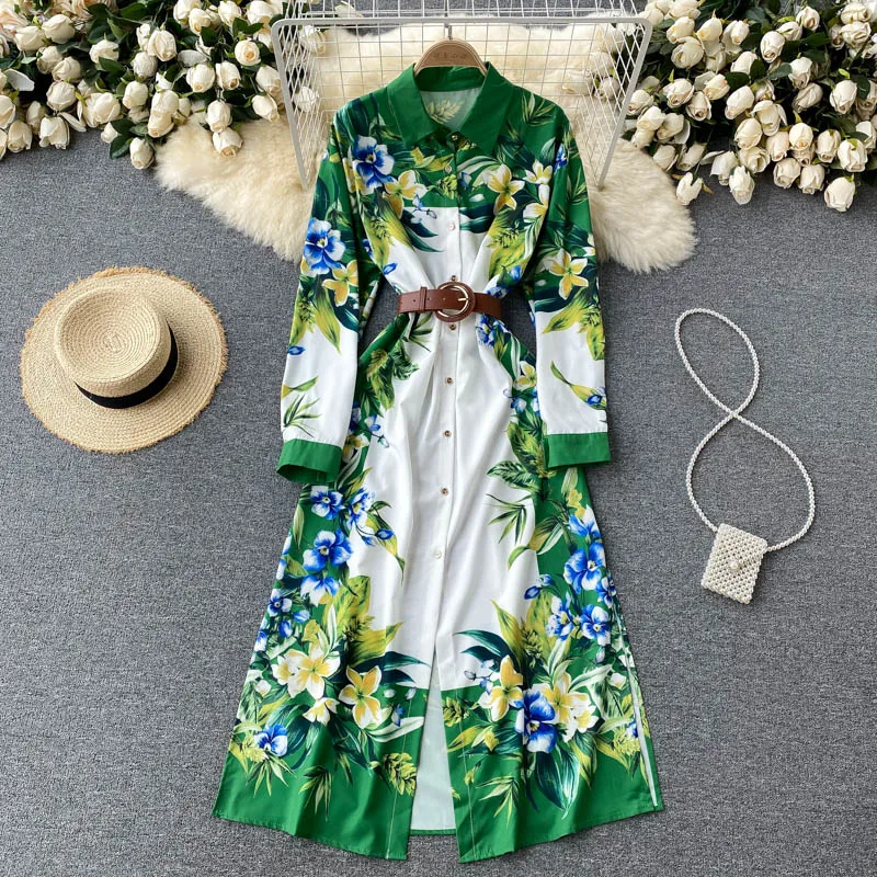 

Dress 2021 Female Elegant A Line Party Vestidos Women Spring Flower Print Dress Casual Long Sleeve Buttoned Dress robe femme