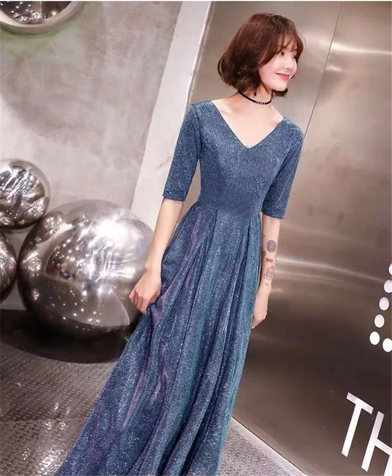 

New Elegant Formal Dress Half Sleeve Glitter A-Line Party Dresses Long Vintage V Neck Floor-Length party Dress 2020