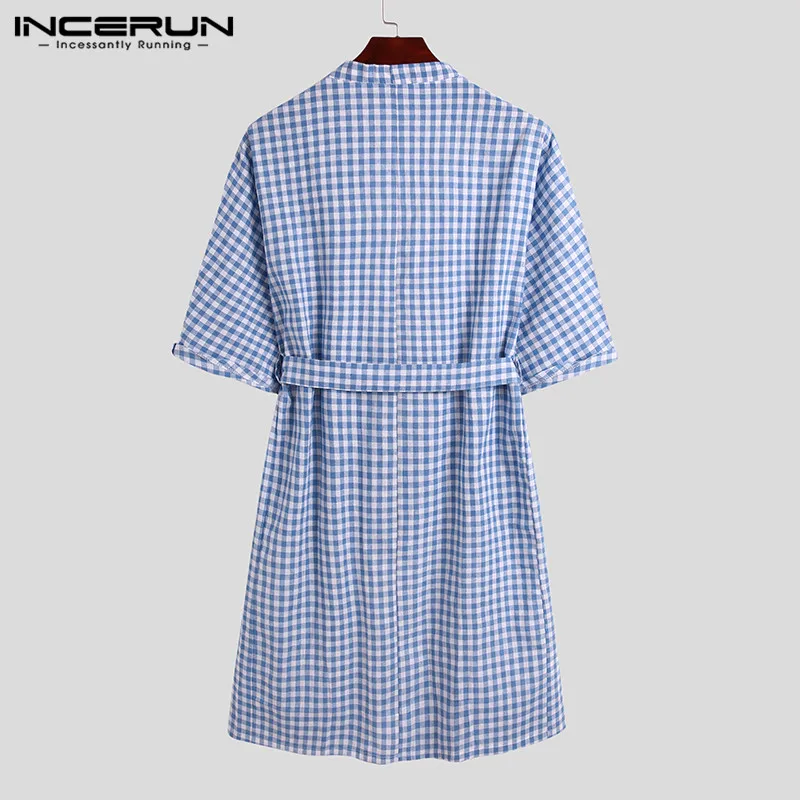 

INCERUN Men Plaid Robes Cotton Homewear 3/4 Sleeve V Neck Cozy Nightgown Men Kimono Fashion Bathrobes Sleepwear With Belt S-5XL