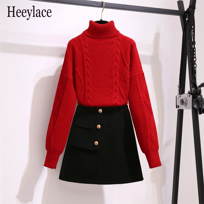 

Fall Winter Warm twist turtleneck Knitted Thick sweater+Black tweed skirt two-piece set Korean Casual Outfits For Women Clothing