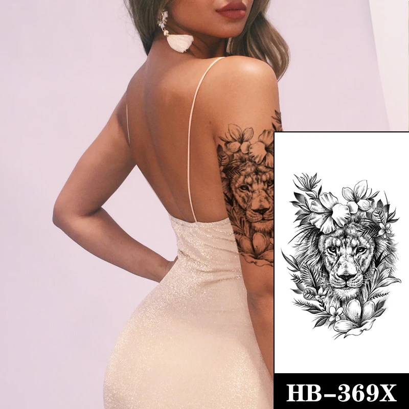 

Waterproof Temporary Tattoo Sticker Black Cute Lion Flowers Leaves Fake Tattoos Flash Tatoos Arm Legs Body Art for Women Men