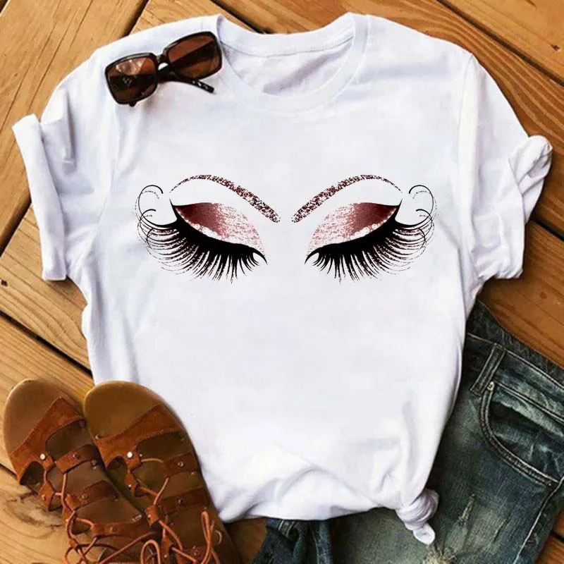 

Women Face Makeup Red Lip Prints T Shirts Harajuku Casual Aesthetic Graphic Tshirt Hipster Vintage Korean Femme Tee Shirts