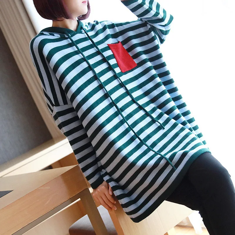 

Ms. big yards hooded striped knit shirt loose long-sleeved pullover thick sweater 2019 autumn new women
