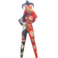 long sleeve poker print asymmetrical jumpsuits tight stretch women bodysuits roly playing costumes dj singer dance stage wear