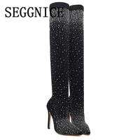 2022 spring women fashion sock boots crystal stretch over the knee pointed toe stilettos woman knee high heel shoes plus size