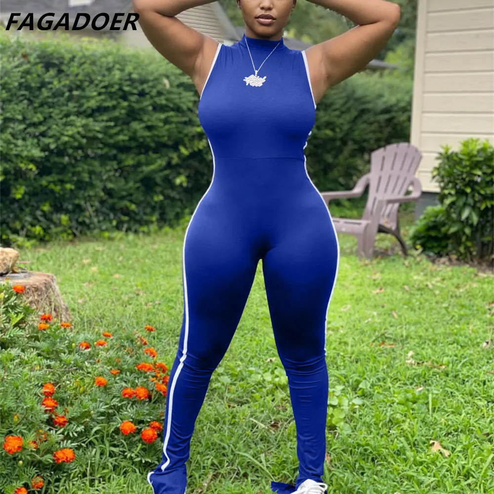 FAGADOER Women Jumpsuit Solid Sleeveless O Neck Playsuits  Striped Patchwork Bodycon Overalls Casual One Piece Outfits 2021