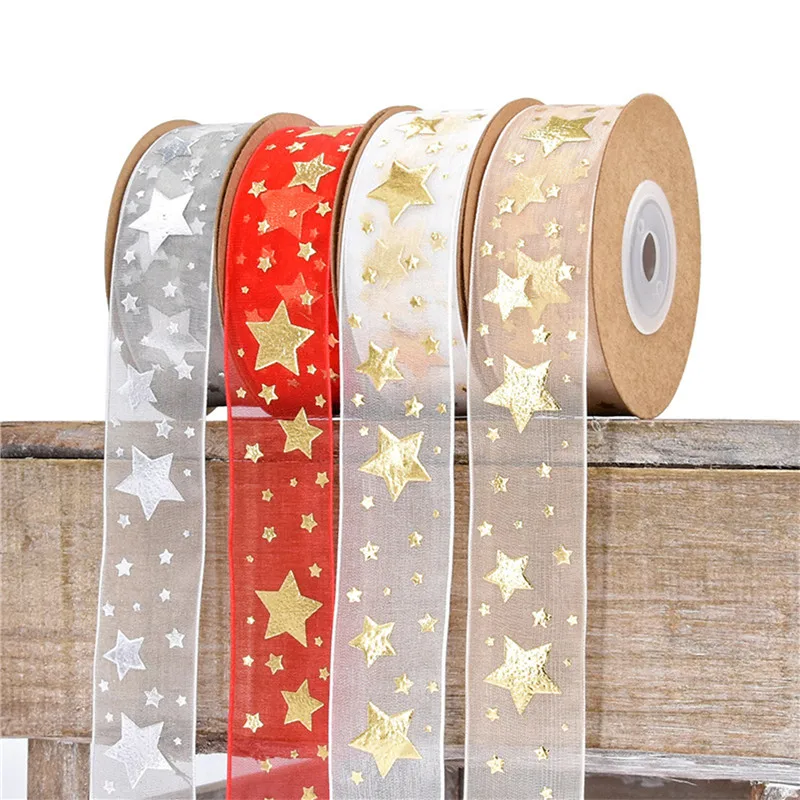 

10Yards 5mm Organza Christmas Stars Ribbon Tape For Needlework Craft Decarotions Printed Golden Ribbons Handcraft DIY Bow