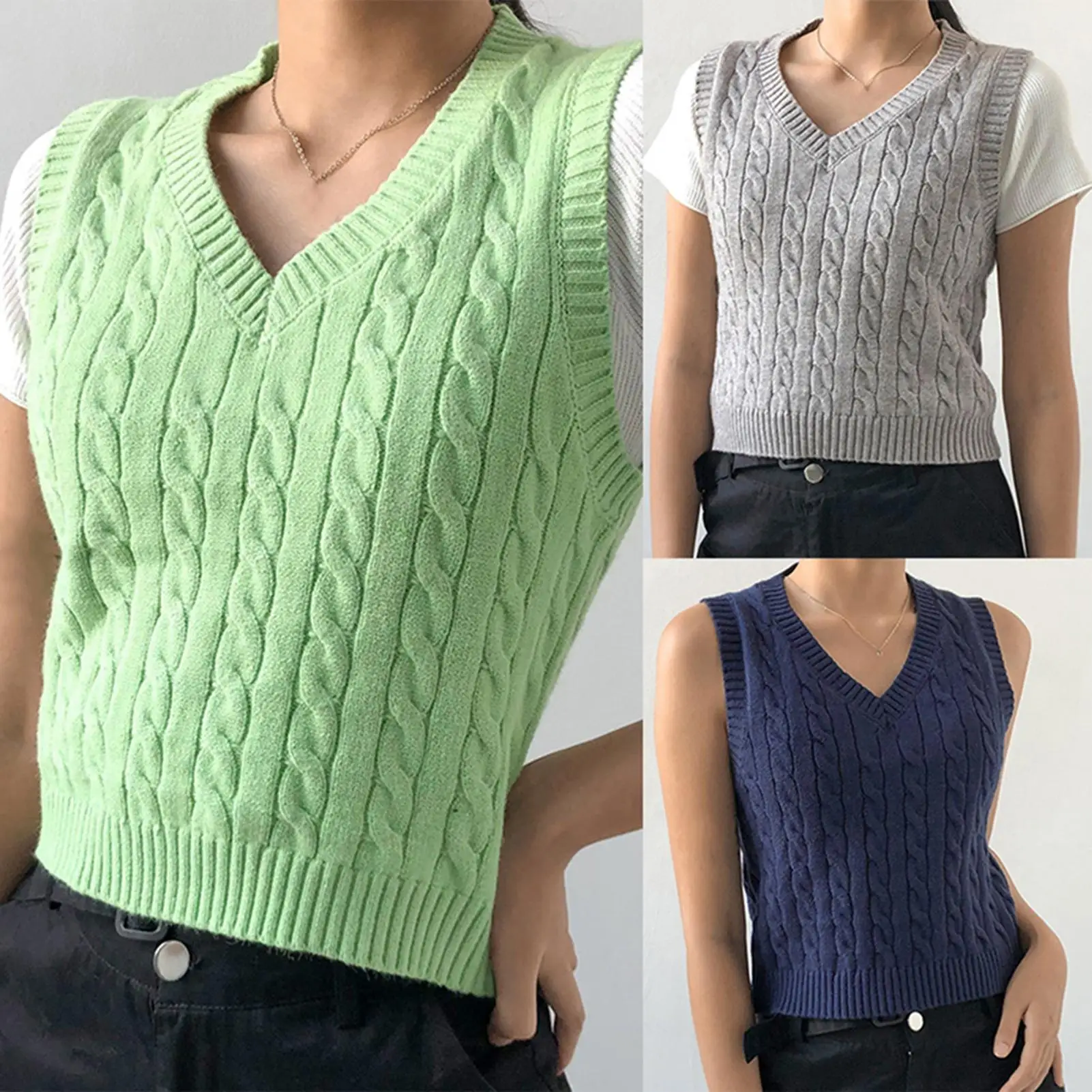 

Women 2020 Fashion Knitted Vest Sweater Retro Sweater Vest Casual Preppy Style Sleeveless Pullover Crop Top Female Chic Tops