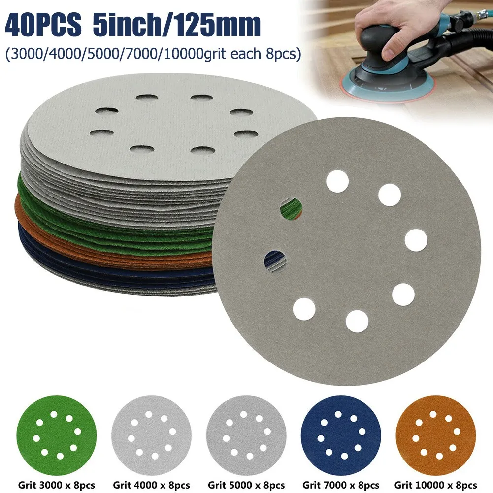40PCS Sanding Discs 5inch/125mm 8 Holes Hook Loop Sandpaper Silicon Carbide Wet Dry Backing Pads 3000-10000Grit For Grinding