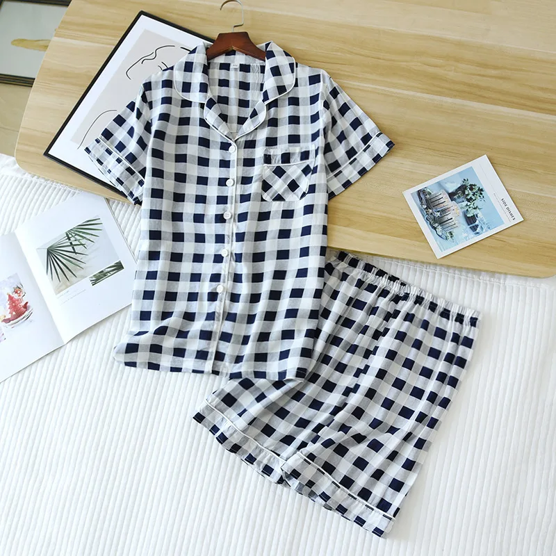 

Spring Short Sleeve Pajamas for Lovers Rayon Plaid Sleepwear Lapel Two Piece Set Shorts Lounge Wear Women and Men Home Clothes
