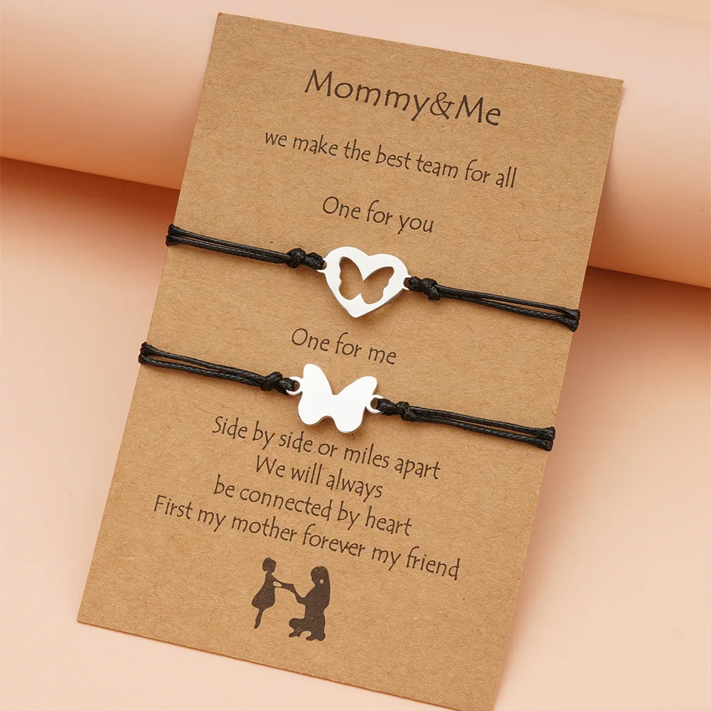 

Fashion Butterfly Bracelet Handmade Leather Rope Stainless Steel Cut Heart Shape Butterfly Chain Bracelet Mother's Day Gift