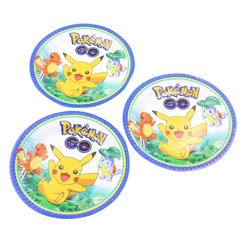 Plate-10pcs Pokemon Birthday Party Supplies Tableware Set Party Paper Plates Cup Napkins Pokemon Party Balloon Decorations Hats Flags Candle - Color: Plate-10pcs