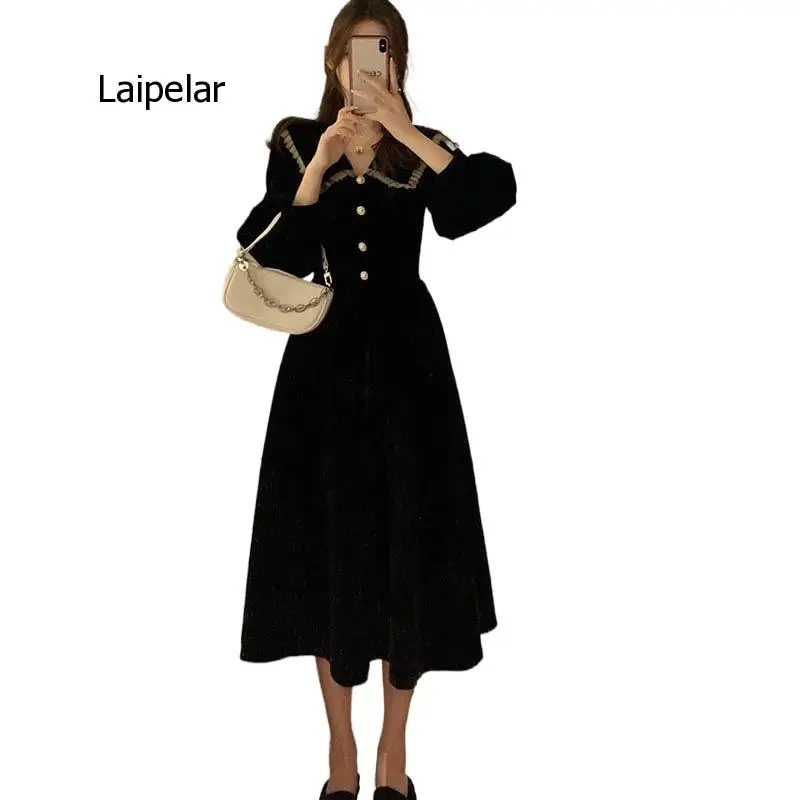 

Sweet Girl French Retro Gentle Mori Girl Gothic Lolita Dress Golden Velvet Elegant Offiec Lady Prom Party All-Match Midi Dress