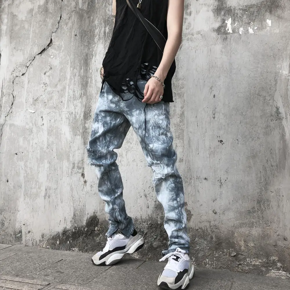 Уличная Мужская Прямые рваные джинсы брюки градиентный цвет хип-хоп мужские