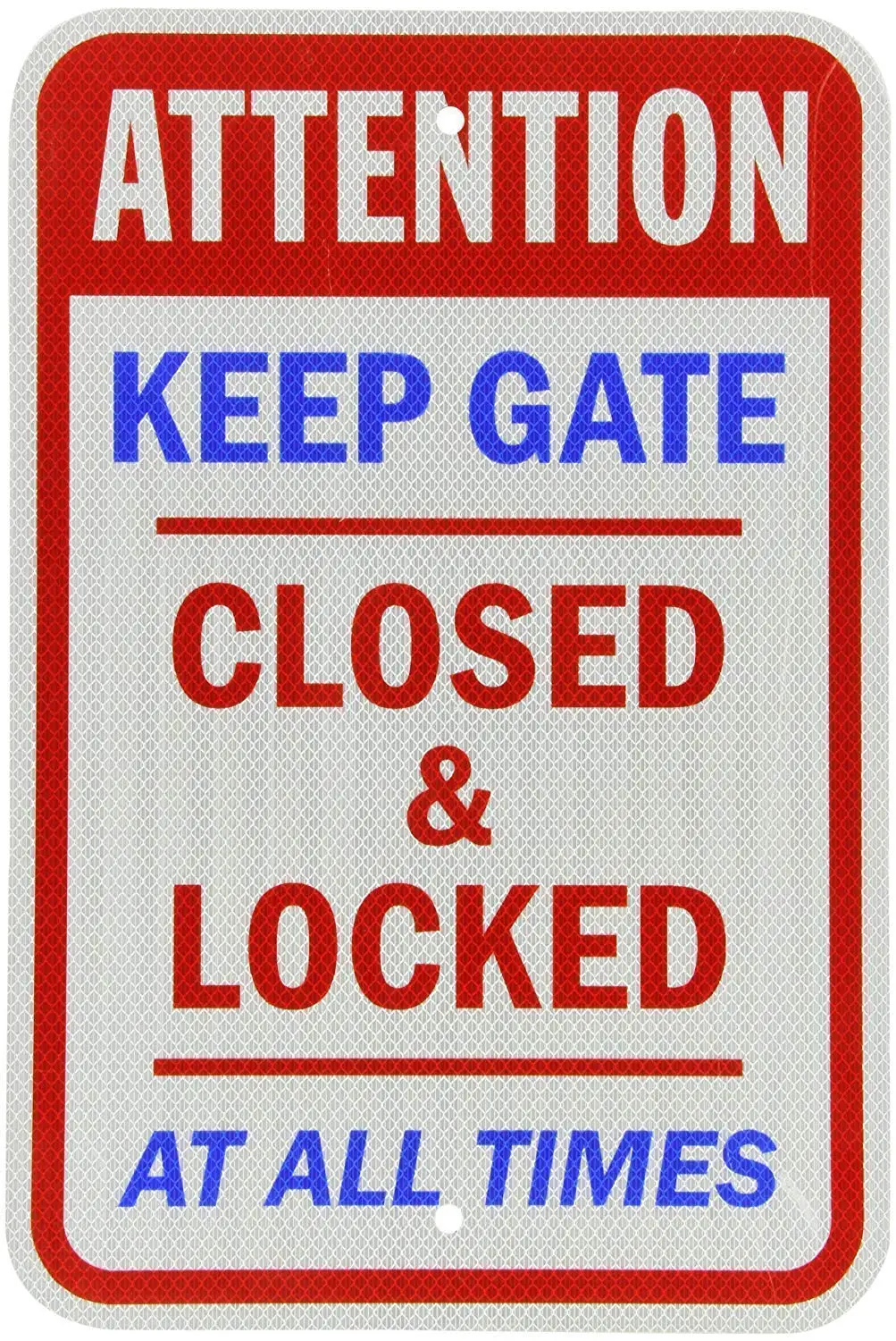 

Attention Tin Sign Keep Gate Closed Locked at All Times Blue Red on White Garage Home Yard Metal Aluminum Sign for Wall Art