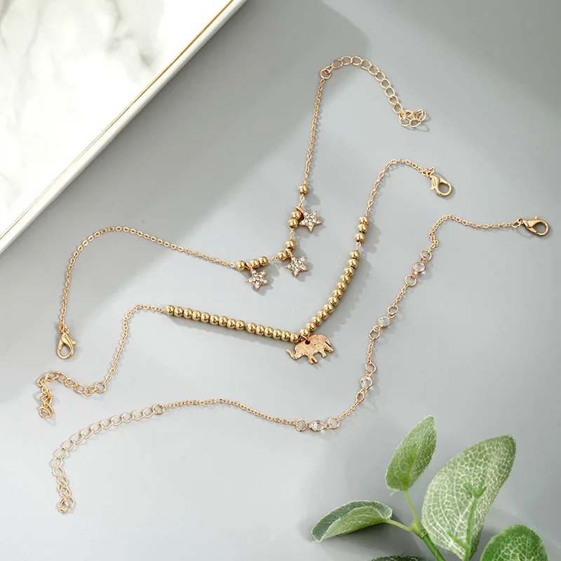 Браслет на лодыжку звезда в богемном стиле с кристаллами золотистого цвета