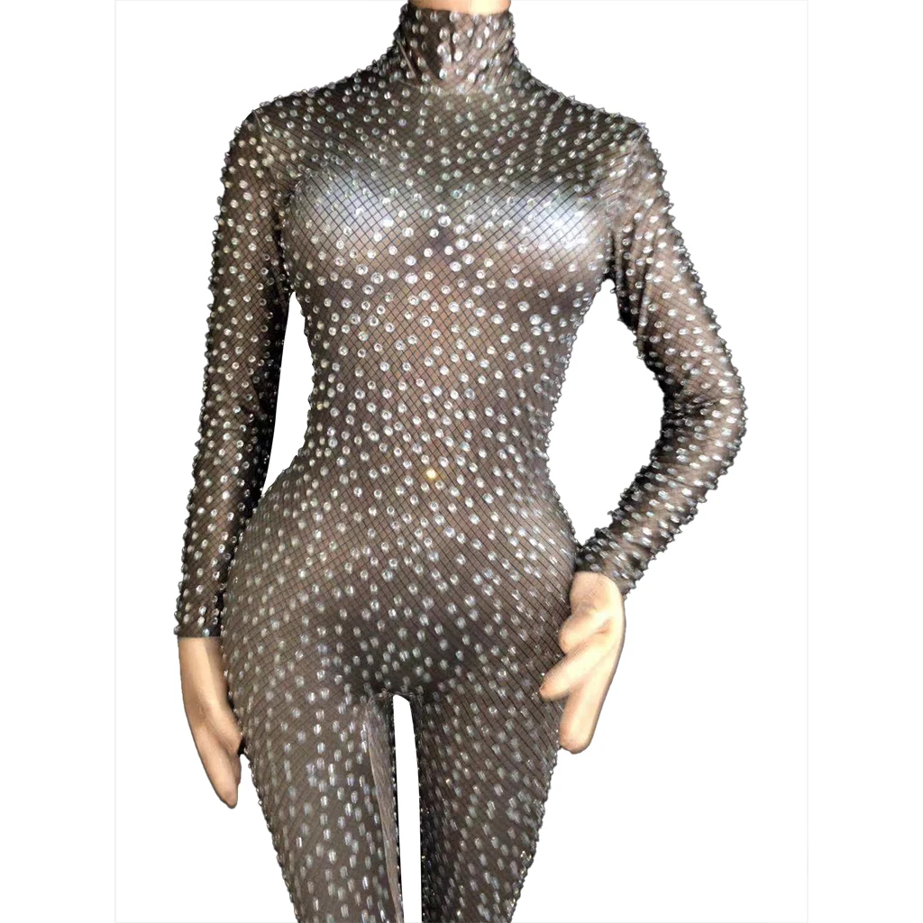 

Fashion Black Stretch Spandex Rhinestone Jumpsuit Women Long Sleeve Club Crystal Bodysuit Dancer Rompers Performance Costumes