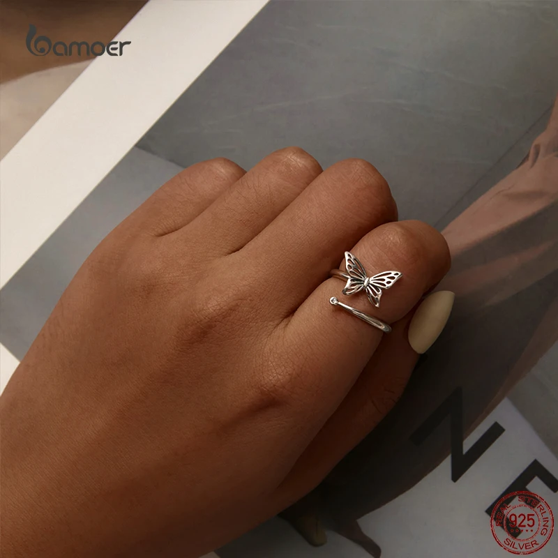 Женское кольцо из стерлингового серебра 925 пробы Bamoer на палец с бабочкой