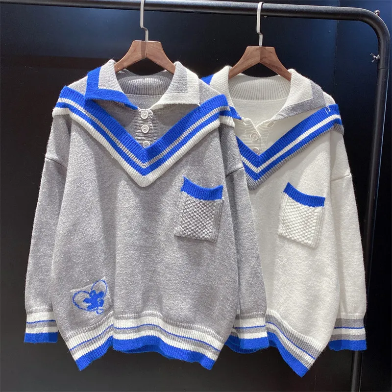 

DAYIFUN Sweater Oversize Solid Color Pullover Striped Polo Collar Knitted Women's Jumper Korean Fashion Fake Two-piece Sweaters