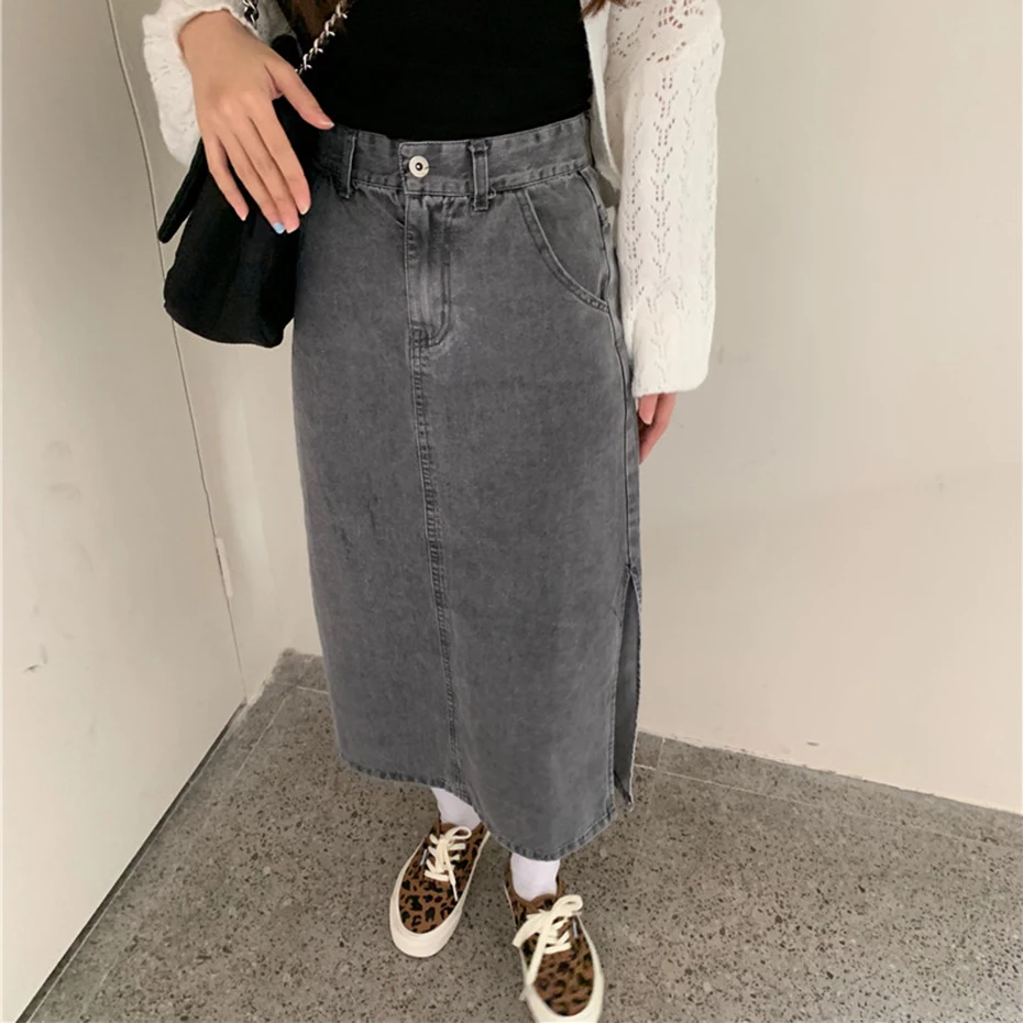 

Джинсы с высокой талией, длинные юбки размера плюс с пуговицами на карманах, классические джинсы юбка для женщин, модные сексуальные корейс...