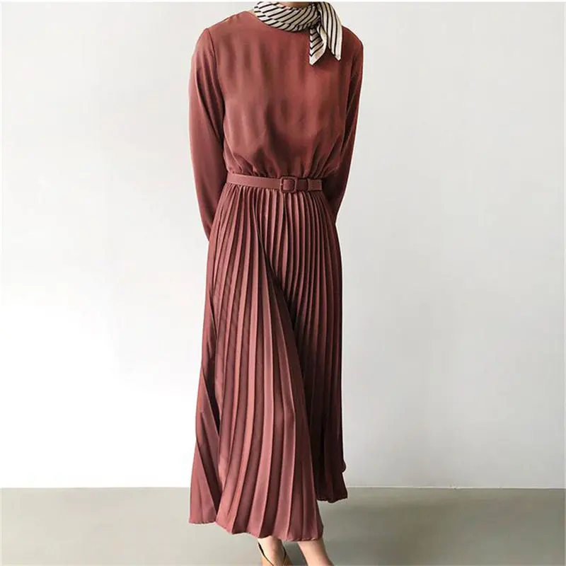 

French Style Pleated Gentle Stylish Hot Women Retro Elegant Sashes All-Match Office Lady Solid Brief Long Dresses