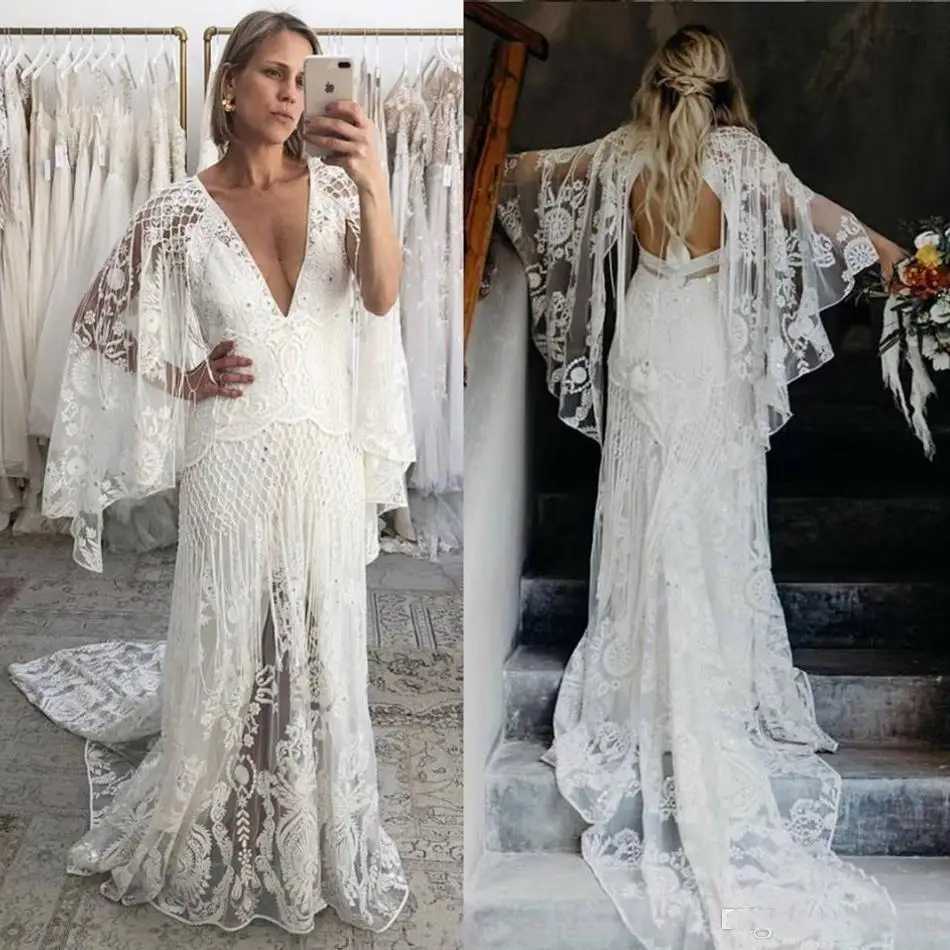 vintage bohemian wedding dresses with bell long sleeve 2022 crochet lace beach holiday boho backless bride dress vestido de
