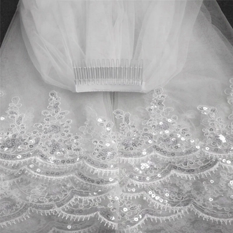 Фата свадебная двухслойная с гребнем фата кружевной каймой белый/цвет слоновой