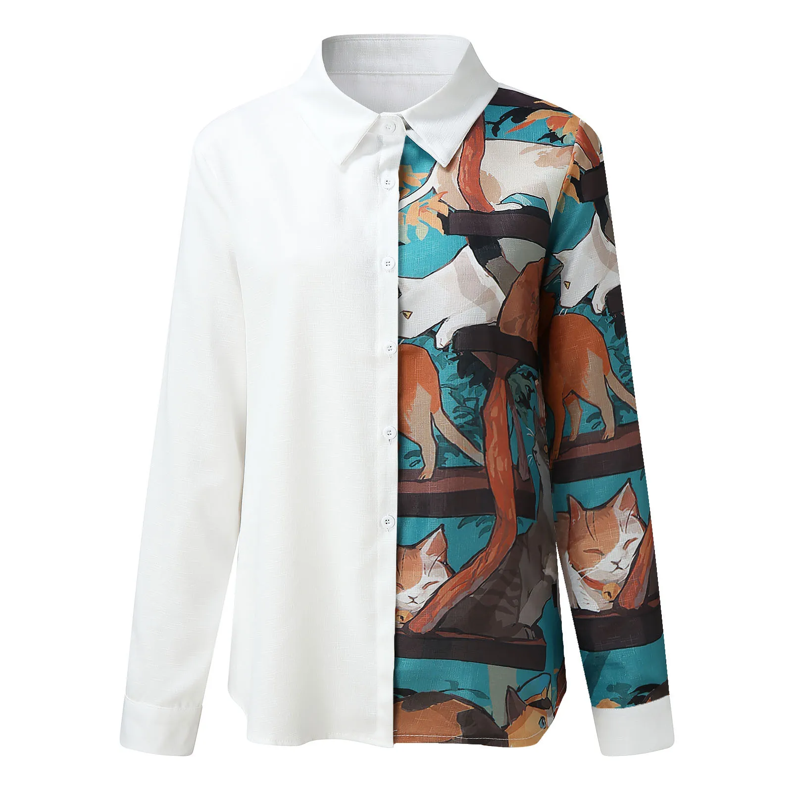 

Patchwork Printed Cardigan Tshirt Office Lady Long Sleeve Button T Shirt Casualplus Size Tops Vintage Oversized T-shirt 40#