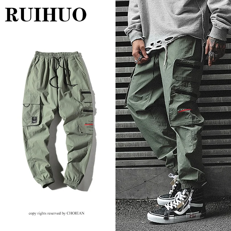 

Брюки-карго RUIHUO мужские зеленые, Джоггеры в японском стиле, мешковатые штаны в стиле хип-хоп, уличная одежда, весна 2022