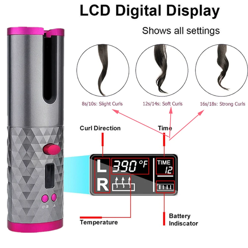 

Portable Wireless Automatic Curling Iron Hair Curler USB Rechargeable for LCD Display Curly Machine Ceramic Wave Hair Curler