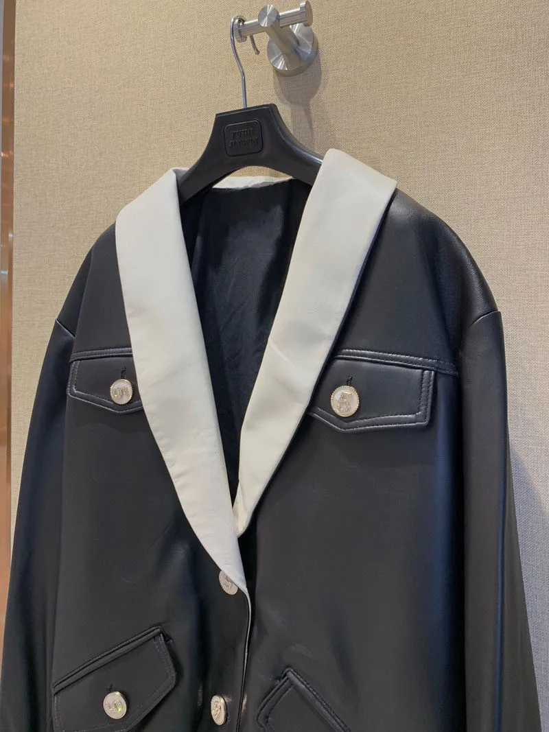 Spring Autumn New Designer Women's High Quality Genuine Leather coat Chic V-neck leather jackets C943