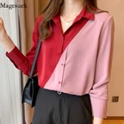 Размера плюс, новая весенняя шифоновая рубашка с длинными рукавами и отложным воротником Тонкий Топ шикарный контраст Цвет Лоскутная Блузка для женщин Blusas 13162