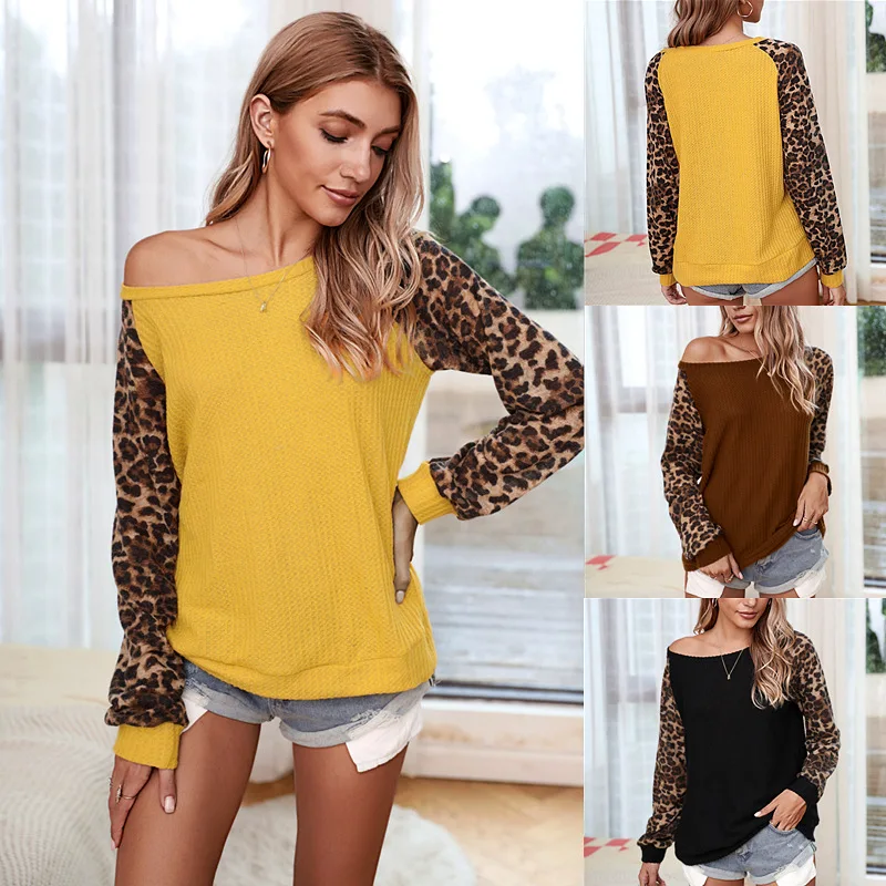 

Chifirena Casual Leopard Patchwork T Shirts Women Long Sleeve Tees O Neck Loose Tops Knitted Autumn Spring Sexy Leisure T Shirt