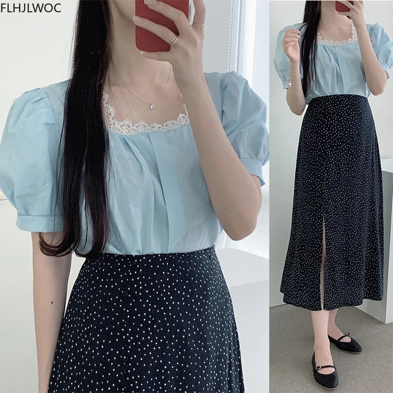 

Корейские и японские шикарные топы, летние милые повседневные белые рубашки в стиле преппи для девушек с пышными рукавами, женская блузка, х...